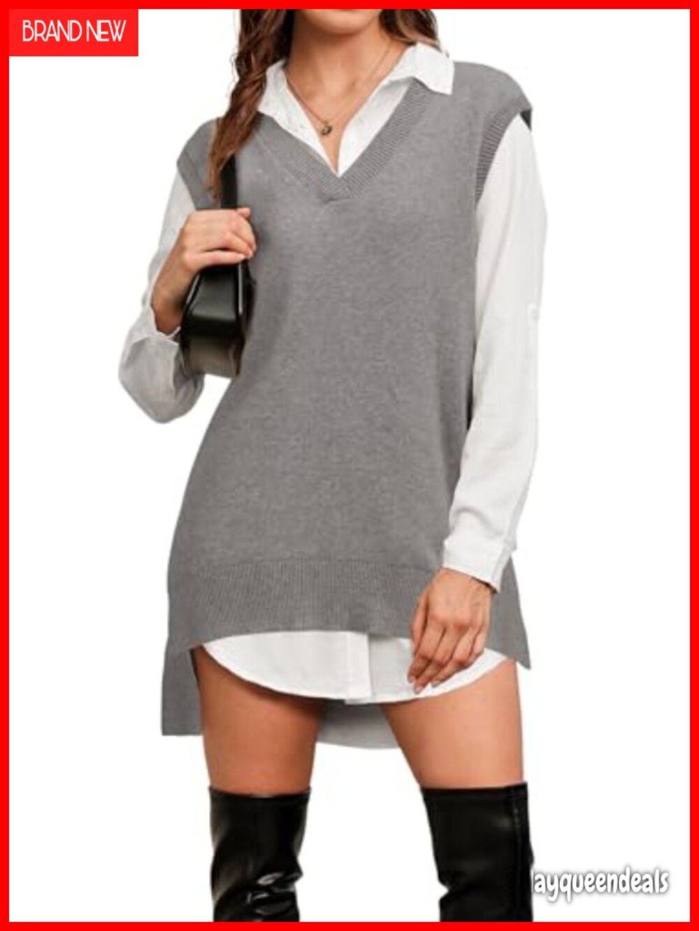 Wool Blend V Neck High Low Sweater Vest Side Slit Layering Tunic
